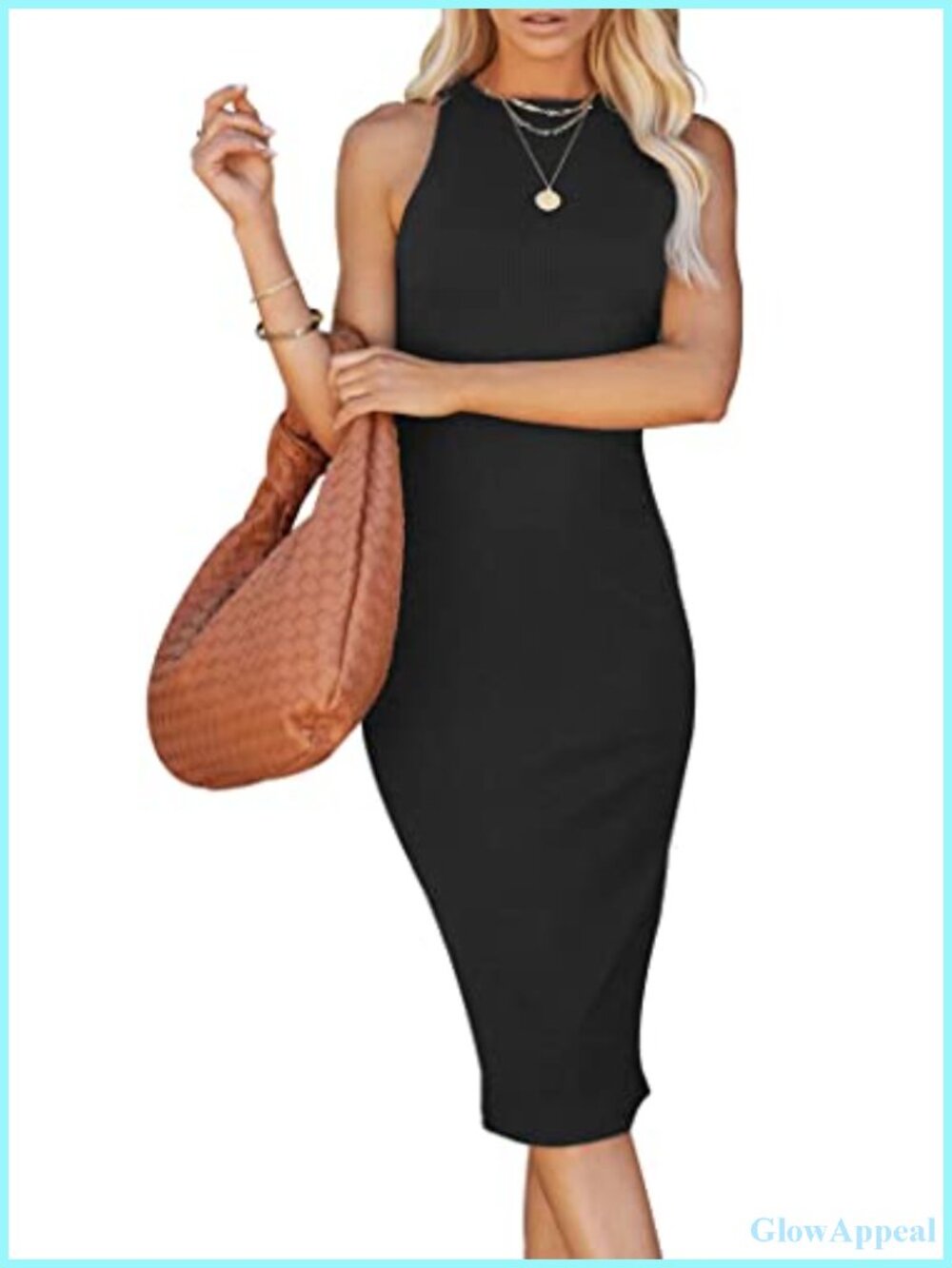 Women's Summer Ribbed Bodycon Midi Dress Sleeveless Crew Neck